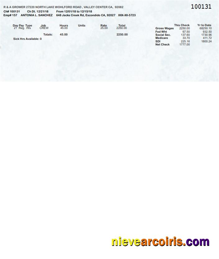 R & A Grower pay stub